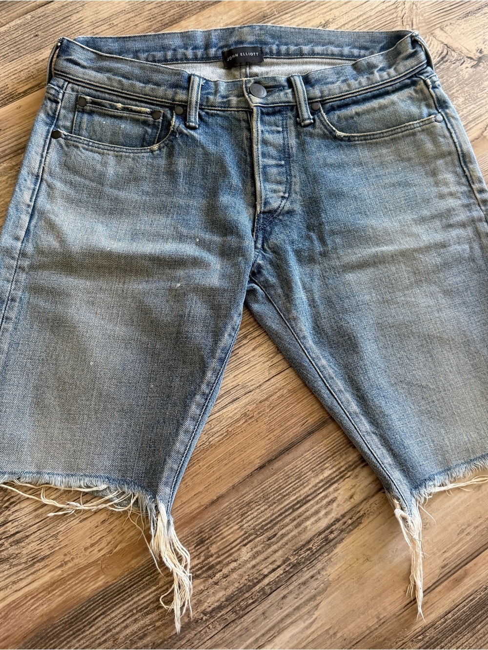 John Elliott Blue Distressed Denim Cut-Off Shorts